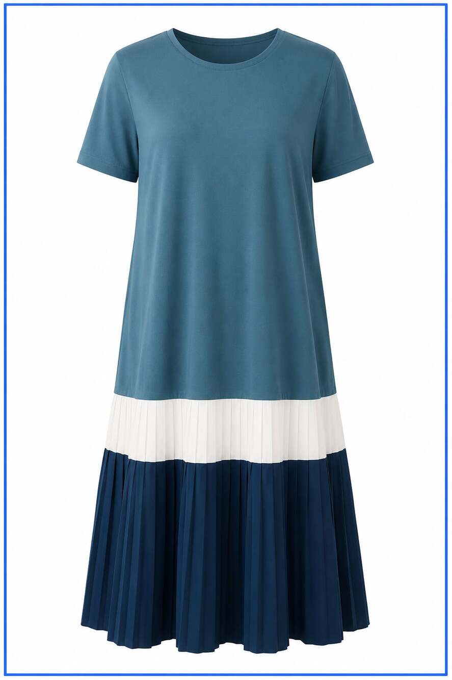 Fits Women’s 12-14 Color Block Pleated Hem Midi Dress Teal Blue Casual Dress